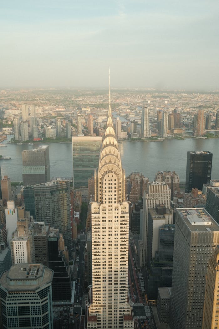 Stunning aerial shot of the iconic Chrysler Building with the New York City skyline in the background.