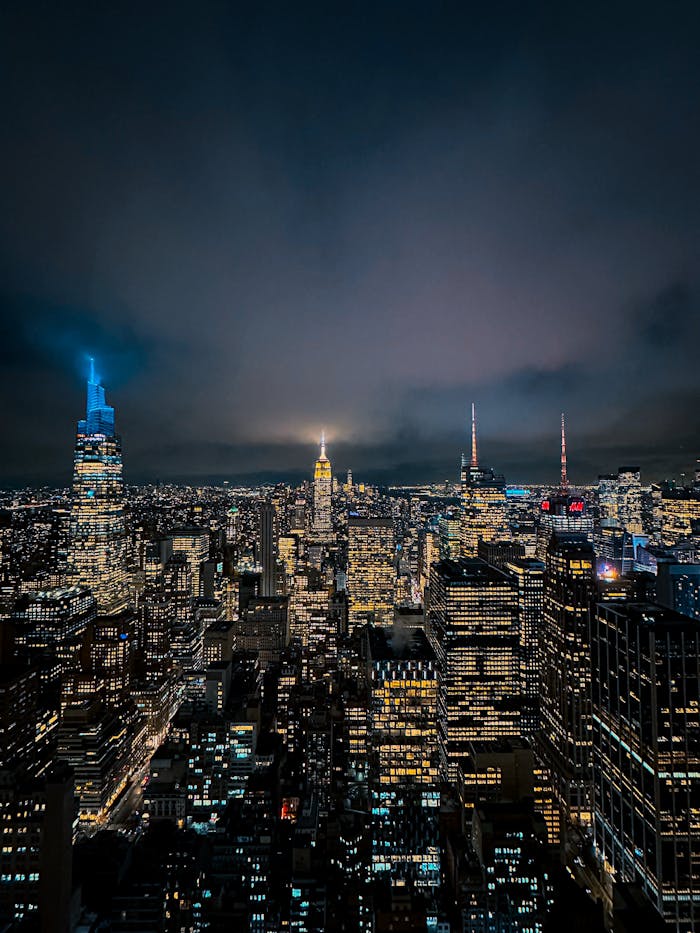 Breathtaking view of New York Citys skyline illuminated at night from above.